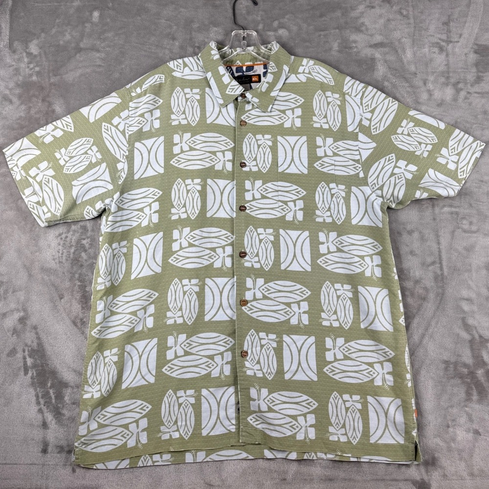 Quiksilver‎ Waterman Collection Mens XL Olive Green Tribal Print Button Shirt